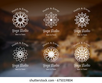 Yoga ornamental emblem set. Vector lineart logo templates for relax or spa center, yoga studio, healthcare and traditional medicine