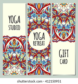 Yoga ornamental gift certificate with mandala. Abstract background. Concept for yoga centers, beauty salon, spa, fashion, flyer, banner design.