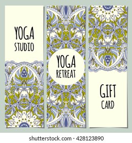 Yoga ornamental gift certificate with mandala. Abstract background. Concept for yoga centers, beauty salon, spa, fashion, flyer, banner design.