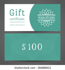 Yoga ornamental gift certificate. Vector editable template include front and back side for relax or spa center, yoga studio, healthcare and traditional medicine