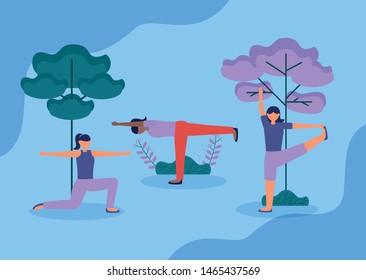 yoga outdoor nature trees women relaxing body vector illustration