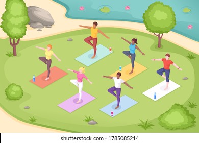 Yoga outdoor in park, group class meditation, vector isometric illustration of women in pose on yoga mats. Yoga group class in park, body balance and stretch pilates, mediation and wellness activity