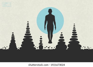 Yoga outdoors. Isolated silhouette of yogi man in tadasana pose