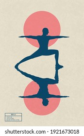 Yoga outdoors. Silhouette of yogi man in warrior pose. Sumie style