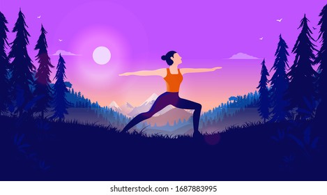 Yoga outdoors - Woman standing in the warrior pose outside in a beautiful landscape. Forest and mountain view, evening, and sunset in a purple sky. Vector illustration.