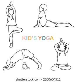 Kid’s yoga outline vector. Different yoga poses with playful style. Vector illustration. Harmony of body mind and spirit.