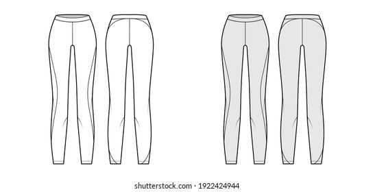 Yoga pants Leggings technical fashion illustration with low waist, rise, full length. Flat sport training, casual knit trousers apparel template front, back, white grey color. Women unisex CAD mockup