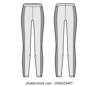 Yoga pants technical fashion illustration with elastic waistband, side panels, training slim, casual trousers. Flat sport Leggings template front, back, white grey color. Women fitness gym CAD mockup