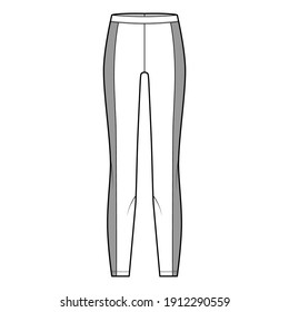 Yoga pants technical fashion illustration with elastic waistband, side panels, training slim, casual knit trousers. Flat sport Leggings template front, white color. Women men fitness gym CAD mockup
