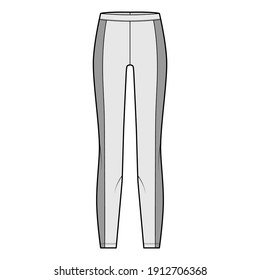 Yoga pants technical fashion illustration with elastic waistband, side panels, training slim, casual knit trousers. Flat sport Leggings template front grey color. Women men unisex fitness CAD mockup