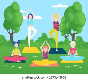 Yoga in park flat vector illustration. Girls characters practising yoga poses outdoors. Meditation and relaxation on fresh air. Yoga group training, people sitting in lotus pose on grass.