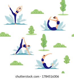 Yoga in the Park. Girls in different poses are engaged in charging in nature. Vector seamless pattern in flat style.