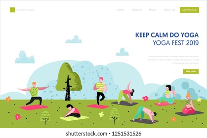 Yoga in park landing page template. Outdoor workout active people characters meditating, doing yoga for website or web page. Easy edit. Vector illustration