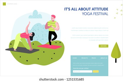 Yoga in park landing page template. Outdoor workout active people characters meditating, doing yoga for website or web page. Easy edit. Vector illustration