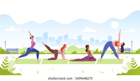 Yoga in the park. Women in different yoga poses. Summer yoga workout
