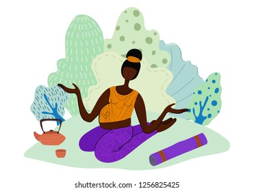 Yoga in the park, young pregnant African American woman practices yoga asanas outdoors, healthy lifestyle, vector illustration in flat style with hand drawing.