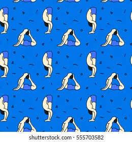 The yoga pattern with man in asana poses and geometrical shapes on blue background. Vector illustration