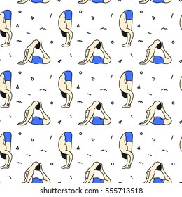 The yoga pattern with man in asana poses and geometrical shapes on turquoise background. Vector illustration