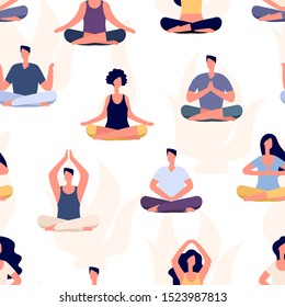 Yoga pattern. Meditation people vector seamless texture. Flat men and women yoga workout