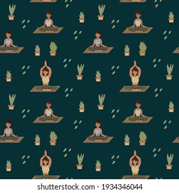 The Yoga pattern is not a dark background. Girls do Pilates Yoga. Background meditation in a circle of greenery in nature. A pattern for textiles with people in different poses. Vector illustration