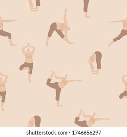 Yoga pattern. Plus size woman in various yoga asanas. Vector illustration in hand drawing flat style, pastel colors. For blogs, design.