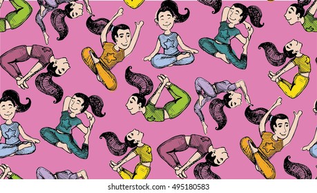 Yoga pattern. Yoga poses hand drawn. Vector illustration.