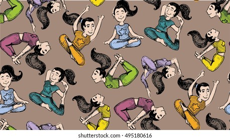 Yoga pattern. Yoga poses hand drawn. Vector illustration.