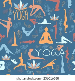 Yoga pattern. Yoga poses, lotus, seal, paisley ornament. Blue background.