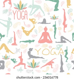 Yoga pattern. Yoga poses, lotus, seal, paisley ornament. White background.