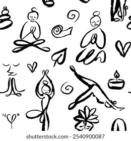 Yoga pattern with symbols, relax and poses. Vector isolated graphic, brush, strokes, ink like doodle.