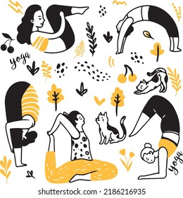 Yoga pattern template flat classical handdrawn sketch. Vector Illustration.