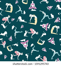 Yoga pattern woman and cat silhouettes on dark background. Seamless repeat background design print in a graphic style.