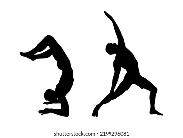 Yoga peaceful warrior asana and handstand scorpion pose. Man practicing yoga asana. Vector illustration isolated in white background