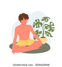 Yoga People Meditate, Young Man Sitting In Padmasana Yogi Pose, Guy Training Spirit