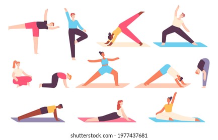 Yoga people. Men and women do stretch exercises for body and mind relax. Zen meditation in balanced asana pose. Healthy wellbeing vector set. Illustration yoga exercise fitness, man do sport