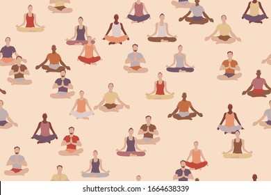 Yoga people sitting in lotus position, seamless pattern. Repetitive vector illustration. EPS 10.