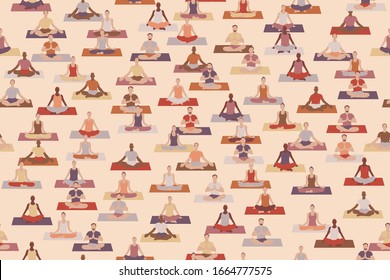 Yoga people sitting in lotus position, seamless pattern. Repetitive vector illustration. EPS 10.