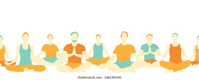 Yoga people sitting in lotus position side by side, horizontally seamless pattern. Repetitive vector illustration. EPS 10.