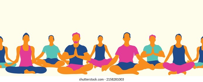 Yoga people sitting in lotus position side by side, horizontally seamless pattern. Repetitive vector illustration. EPS 10.