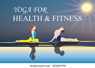 Yoga people training and meditating in warrior pose outside by beach Woman and man yoga exercising training in ocean landscape Silhouette of couple against sun. Chakra pictograms on choku rei symbol

