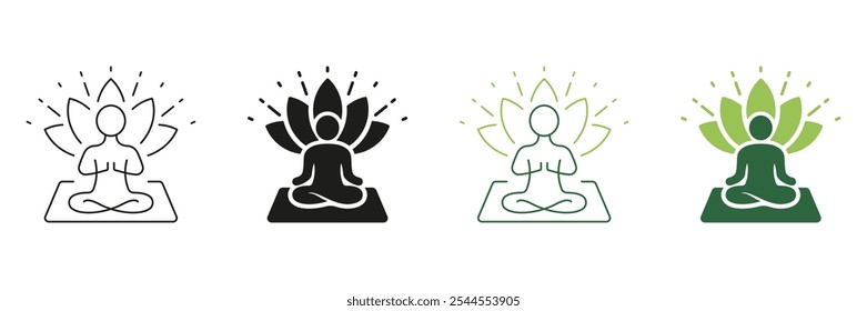 Yoga Person in Pose Lotus Line and Silhouette Icon Set. Meditate Relaxation Asana Exercise Icon. Zen Wellness. Editable Stroke. Isolated Vector Illustration.