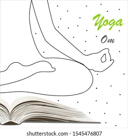 Yoga. Person relaxing in lotus pose. Meditation. International yoga day web banner. Yoga pose in a flat design. Om or Aum Indian sacred sound. Doodle. Book. Black-white drawing. Vector illustration. 