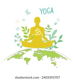 Yoga. Person relaxing in lotus pose. Meditation. International yoga day web banner. Yoga pose in a flat design. Om or Aum Indian sacred sound. Vector illustration. 