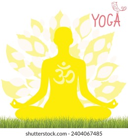 Yoga. Person relaxing in lotus pose. Meditation. International yoga day web banner. Yoga pose in a flat design. Om or Aum Indian sacred sound. Vector illustration. 