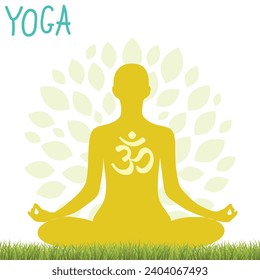Yoga. Person relaxing in lotus pose. Meditation. International yoga day web banner. Yoga pose in a flat design. Om or Aum Indian sacred sound. Vector illustration. 