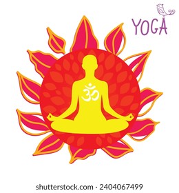 Yoga. Person relaxing in lotus pose. Meditation. International yoga day web banner. Yoga pose in a flat design. Om or Aum Indian sacred sound. Vector illustration. 