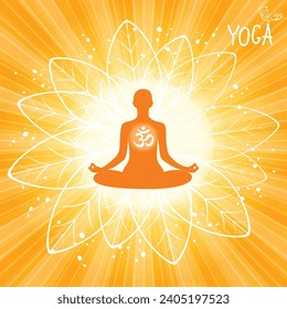 Yoga. Persona relajándose en la posada de loto. Meditación. Banner web del Día Internacional del Yoga. Posada de yoga de diseño plano. Om o Aum sonido sagrado indio. Patrón Sunburst Sun. Ilustración vectorial. 