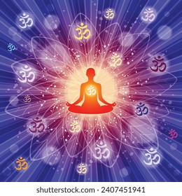 Yoga. Person relaxing in lotus pose. Meditation. International yoga day web banner. Yoga pose in a flat design. Om or Aum Indian sacred sound. Sun Sunburst Pattern. Galactic space. Vector illustration