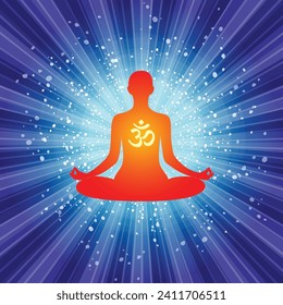 Yoga. Person relaxing in lotus pose. Meditation. International yoga day web banner. Yoga pose in a flat design. Om or Aum Indian sacred sound. Sun Sunburst Pattern. Galactic space. Vector illustration