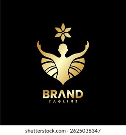 Yoga person silhouette logo illustration design surrounded by leaves. Cool meditation concept with eco-friendly. Vector logo design template.